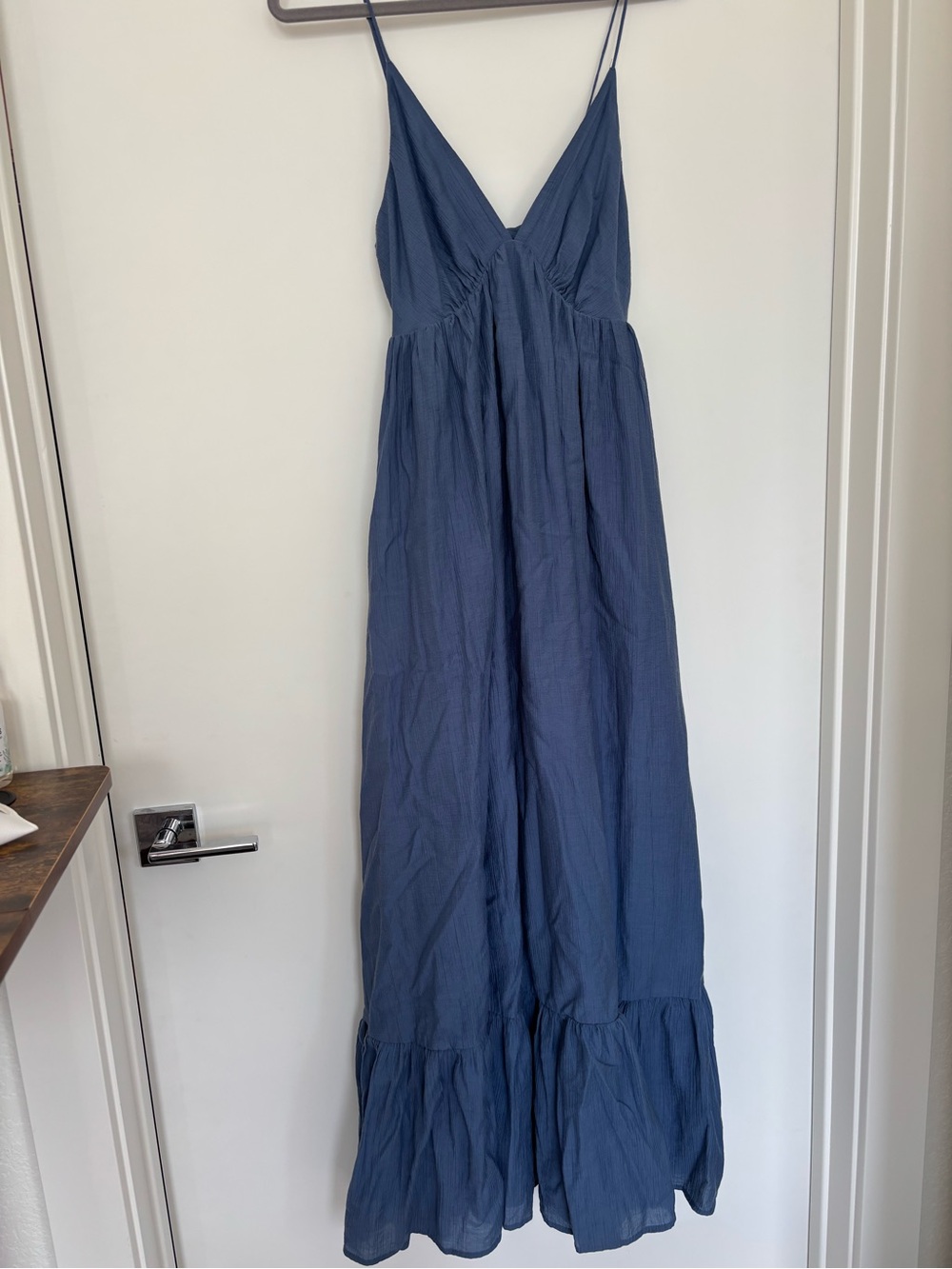 Women's Blue Maxi Dress with V-Neck and Spaghetti Straps